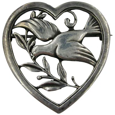 Pre-owned 1stdibs Bird Dove In Heart Brooch Pin Scandinavian Silver Mid-century Modern In Multi