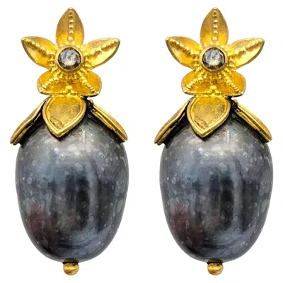 Pre-owned 1stdibs Black Baroque Pearl & Flower Stud Earrings With Chocolate Diamonds 20 Karat Gold