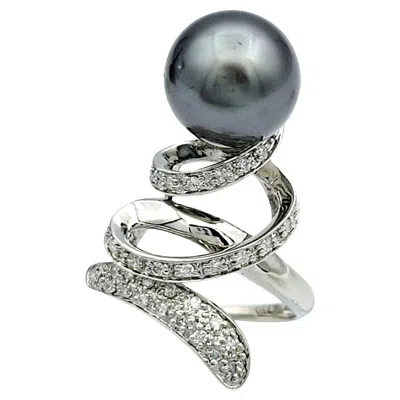 Pre-owned 1stdibs Black Pearl And Pavé Diamond Elongated Spiral Cocktail Ring 18 Karat White Gold