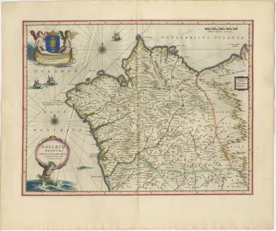 Pre-owned 1stdibs Blaeu Map Of Galicia Spain, Decorative Dutch Golden Age Map, 1642 In Sand