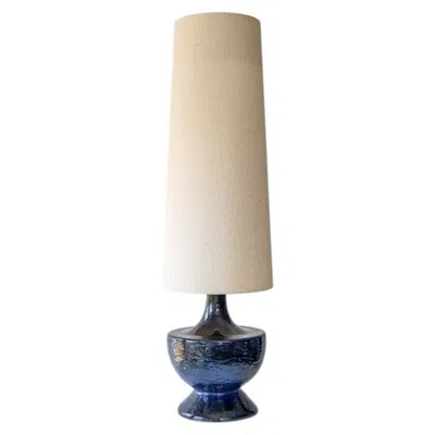 Pre-owned 1stdibs Blue Glazed Bulbous Ceramic Lamp, Custom Beige Tapered Lampshade By R. Houben