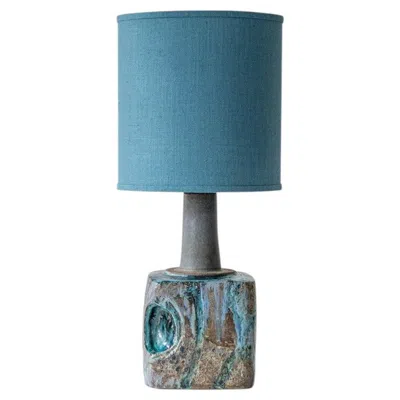 Pre-owned 1stdibs Blue Marbled Glazed Ceramic Table Lamp, Custom Made Blue Lampshade By R. Houben