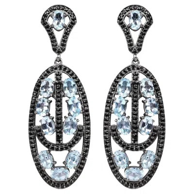 Pre-owned 1stdibs Blue Topaz Dangle Earrings With Black Spinels 13.9 Carats Rhodium Plated Silver