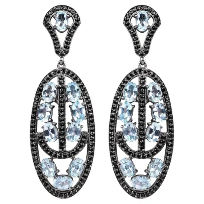 Pre-owned 1stdibs Blue Topaz Dangle Earrings With Black Spinels 13.9 Carats Rhodium Plated Silver