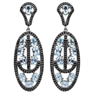 Pre-owned 1stdibs Blue Topaz Dangle Earrings With Black Spinels 13.9 Carats Rhodium Plated Silver