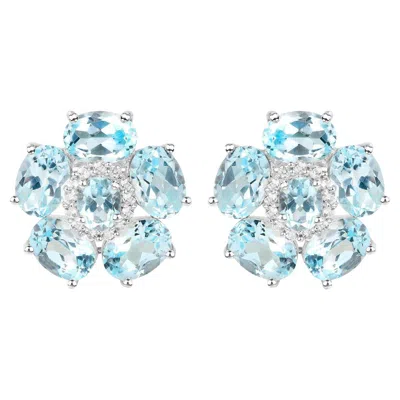 Pre-owned 1stdibs Blue Topaz Floral Earrings White Topaz 10.5 Carats 18k White Gold Plated Silver