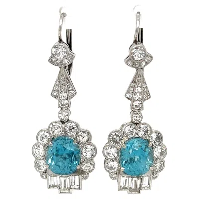 Pre-owned 1stdibs Blue Zircon And Oec Diamond Platinum Art Deco Drop Earrings Estate Fine Jewelry
