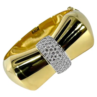 Pre-owned 1stdibs Bold 18k Yellow Gold And Diamond Bow Motif Cuff Bracelet