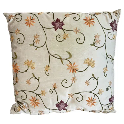 Pre-owned 1stdibs Brown And Beige Floral Embroidered Cushion, Hand-crafted Fabric, India