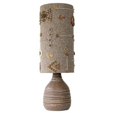Pre-owned 1stdibs Brown Striped Ceramic Table Lamp, Custom Made Emboidered Lampshade By R. Houben