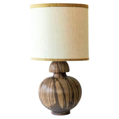 Pre-owned 1stdibs Brown Striped Ceramic Table Lamp, Custom Made Silk Lampshade By R. Houben
