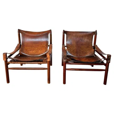 Pre-owned 1stdibs Buffalo Leather Safari Armchair In Pair, Solid Oak Frame, Vintage Style, 1970s In Brown