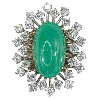 Pre-owned 1stdibs Cabochon Emerald And Diamond Sunburst Ballerina Ring In Green