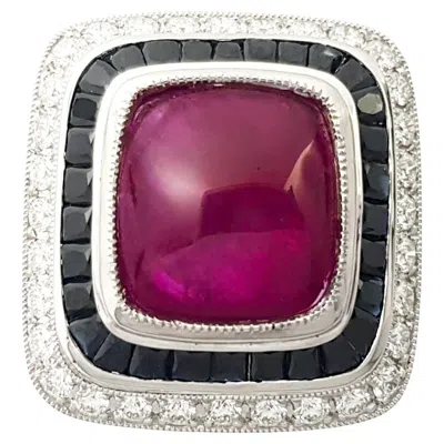 Pre-owned 1stdibs Cabochon Ruby With Black Sapphire And Diamond Ring Set In 18k White Gold Setting