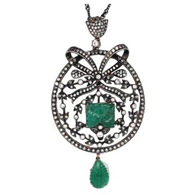 Pre-owned 1stdibs Carved Emerald And Diamond Pendant Necklace In Green