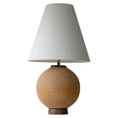 Pre-owned 1stdibs Ceramic Sand And Walnut Wood Lamp, Neutral Custom Lampshade By R. Houben In Brown