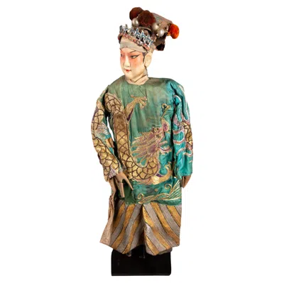Pre-owned 1stdibs Chinese Opera Theatre Marionette, Green Silk Robe, Pink Pom Poms