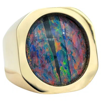 Pre-owned 1stdibs Chunky Men's Oval Cut 6.50 Carat Black Opal Solitaire Ring 14 Karat Yellow Gold