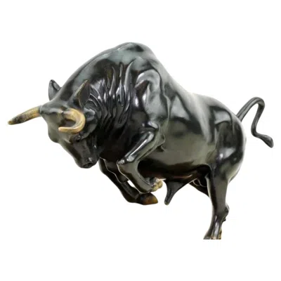 Pre-owned 1stdibs Contemporary Black Bronze Bull Sculpture On Wooden Base