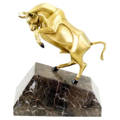 Pre-owned 1stdibs Contemporary Gold Bronze Charging Bull Sculpture On Marble Base
