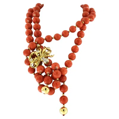 Pre-owned 1stdibs Coral Beads Necklace And 18k Gold Lock With Brilliant Cut Diamonds Up To 0.35ct In Red