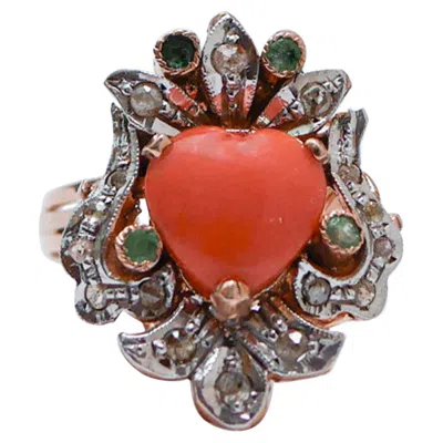 Pre-owned 1stdibs Coral, Emeralds, Diamonds, Rose Gold And Silver Ring. In Red