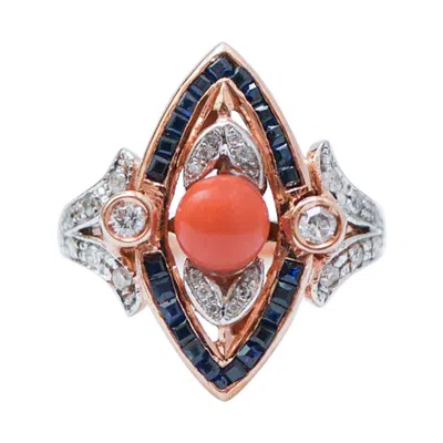 Pre-owned 1stdibs Coral, Sapphires, Diamonds, Rose Gold And Silver Ring. In Red