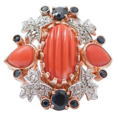 Pre-owned 1stdibs Coral, Sapphires, Diamonds, Rose Gold And Silver Ring. In Red