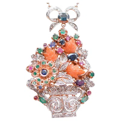 Pre-owned 1stdibs Coral, Sapphires. Diamonds, Rubies, Emeralds, Gold And Silver Pendant Necklace In Multi