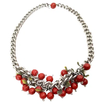 Pre-owned 1stdibs Couture Handpainted Wood Fruit Cherries Charms Curb Chain Silver Necklace 1930s In Multi