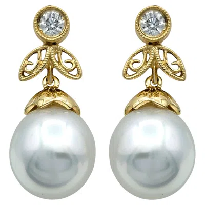 Pre-owned 1stdibs Cultured Akoya Pearl & Diamond Drop Earrings With Milgrain 18 Karat Yellow Gold