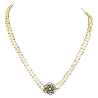 Pre-owned 1stdibs Cultured Pearl Necklace With Silver, Gold And Diamond Flower Clasp In Multi