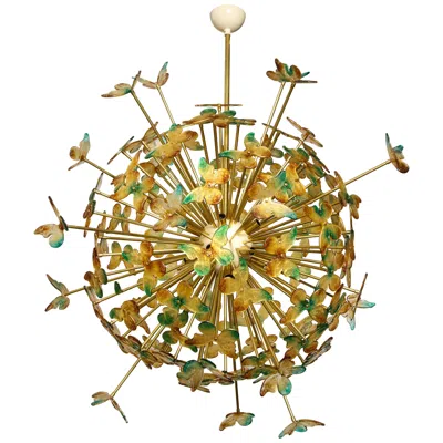 Pre-owned 1stdibs Custom Size Green, Amber Murano Glass Butterfly Sputnik Chandelier In Brown