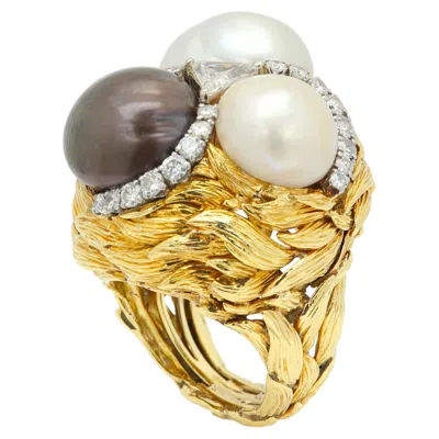 Pre-owned 1stdibs David Webb Large Gold Cocktail Ring Three Pearls And Diamonds 18k And Platinum In Multi