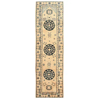 Pre-owned 1stdibs Decorative Ivory And Blue Antique Khotan Runner Rug In White