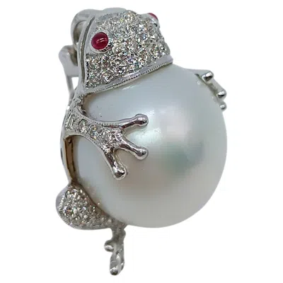 Pre-owned 1stdibs Diamond, Ruby And Pearl Frog Brooch In 18k White Gold, 2009