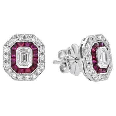 Pre-owned 1stdibs Diamond Ruby Art Deco Style Octagonal Stud Earrings In 14k White Gold
