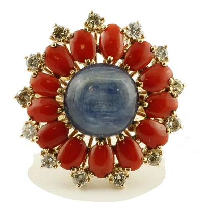 Pre-owned 1stdibs Diamonds, Oval Shape Red Corals, Kyanite, 14 Karat Rose Gold Flower Ring