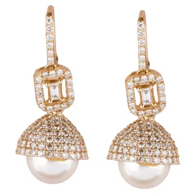 Pre-owned 1stdibs Dome Pearl Drop Natural Diamond Earrings In 14k Solid Gold (certified) In Multi