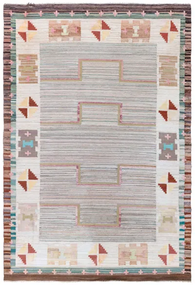 Pre-owned 1stdibs Doris Leslie Blau Vintage Scandinavian Geometric Cream Beige Flatweave Wool Rug In White