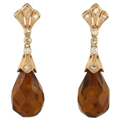 Pre-owned 1stdibs Earrings With Amber And Single Cut Diamonds Up To 0.36ct 14k Gold 4.6 Gr In Brown