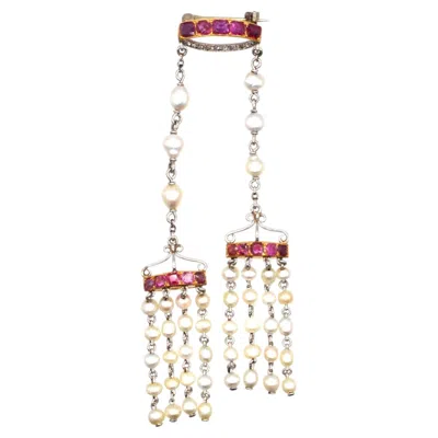 Pre-owned 1stdibs Edwardian 18ct Gold & Platinum Burma Ruby, Pearl & Rose Diamond Brooch In Red