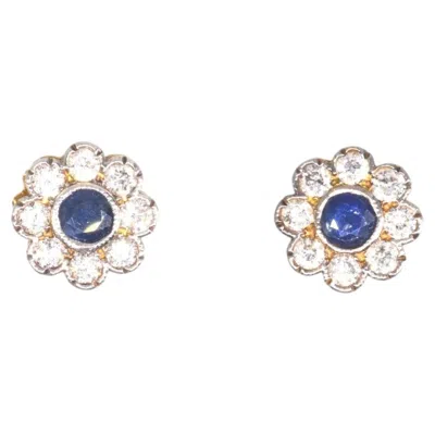 Pre-owned 1stdibs Edwardian 18ct Gold & Platinum Sapphire & Diamond Cluster Earrings In Blue