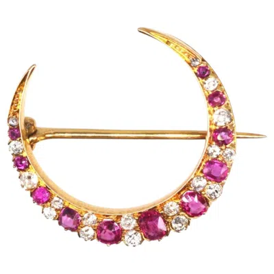 Pre-owned 1stdibs Edwardian 18ct Gold Ruby & Diamond Crescent Moon Brooch In Multi