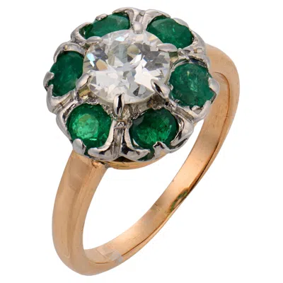 Pre-owned 1stdibs Edwardian Diamond Emerald 18k Yellow Gold Cluster Ring