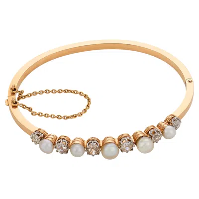 Pre-owned 1stdibs Edwardian Old Mine Cut Diamond Pearl 18k Yellow Gold Bracelet