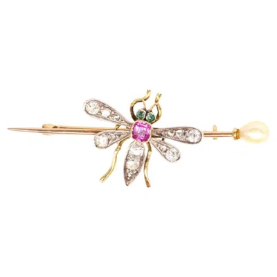 Pre-owned 1stdibs Edwardian Platinum 18ct Gold, Pink Sapphire, Diamond & Natural Pearl Bug Brooch