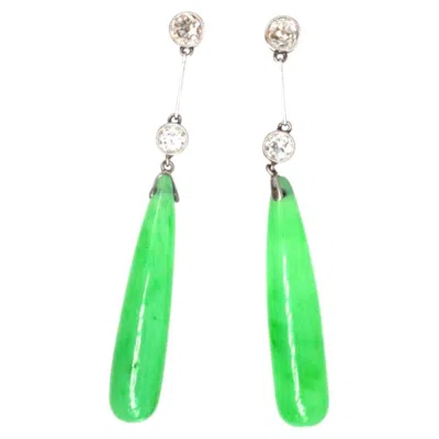 Pre-owned 1stdibs Edwardian Platinum, Certified Natural Jade And Diamond Earrings In Green