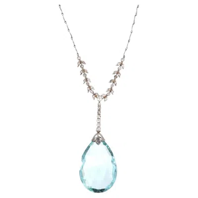Pre-owned 1stdibs Edwardian Platinum Diamond & Large 30 Carats Aquamarine Drop Necklace In Multi