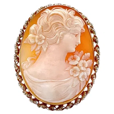 Pre-owned 1stdibs Edwardian Seed Pearl 10k Yellow Gold Shell Cameo Brooch 1910